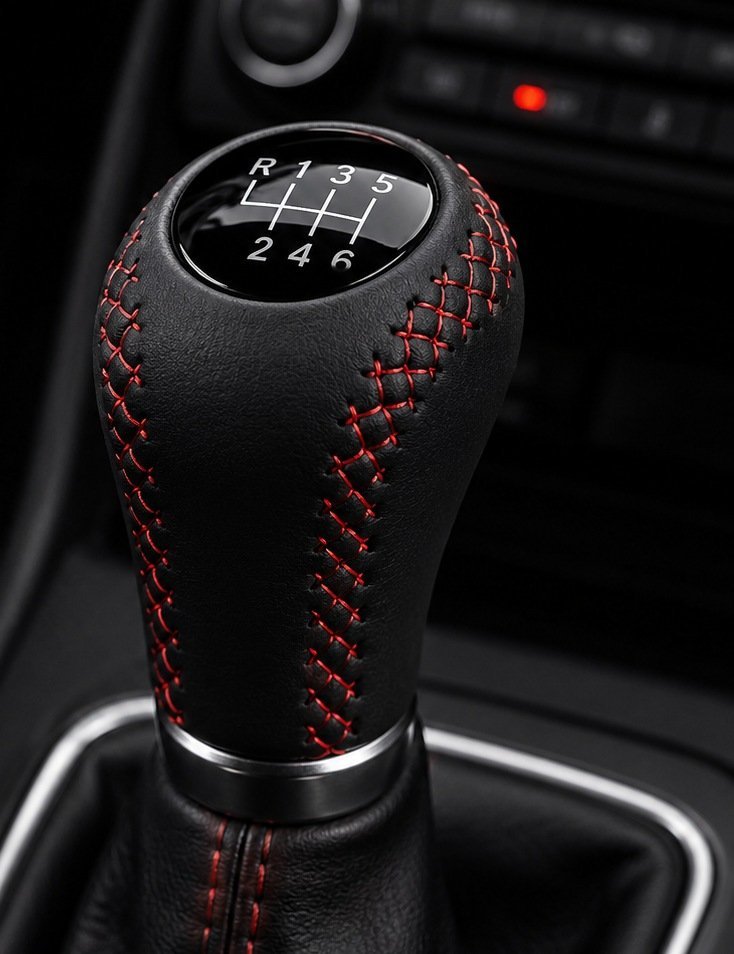 Diamond-stitched custom leather gear knob with contrast red stitching by Guru Leather